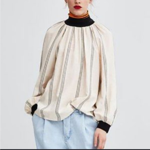 Zara Tunic Turtleneck Top Lagenlook Cream Black Bold Unique Minimalist Stripes - Picture 1 of 7